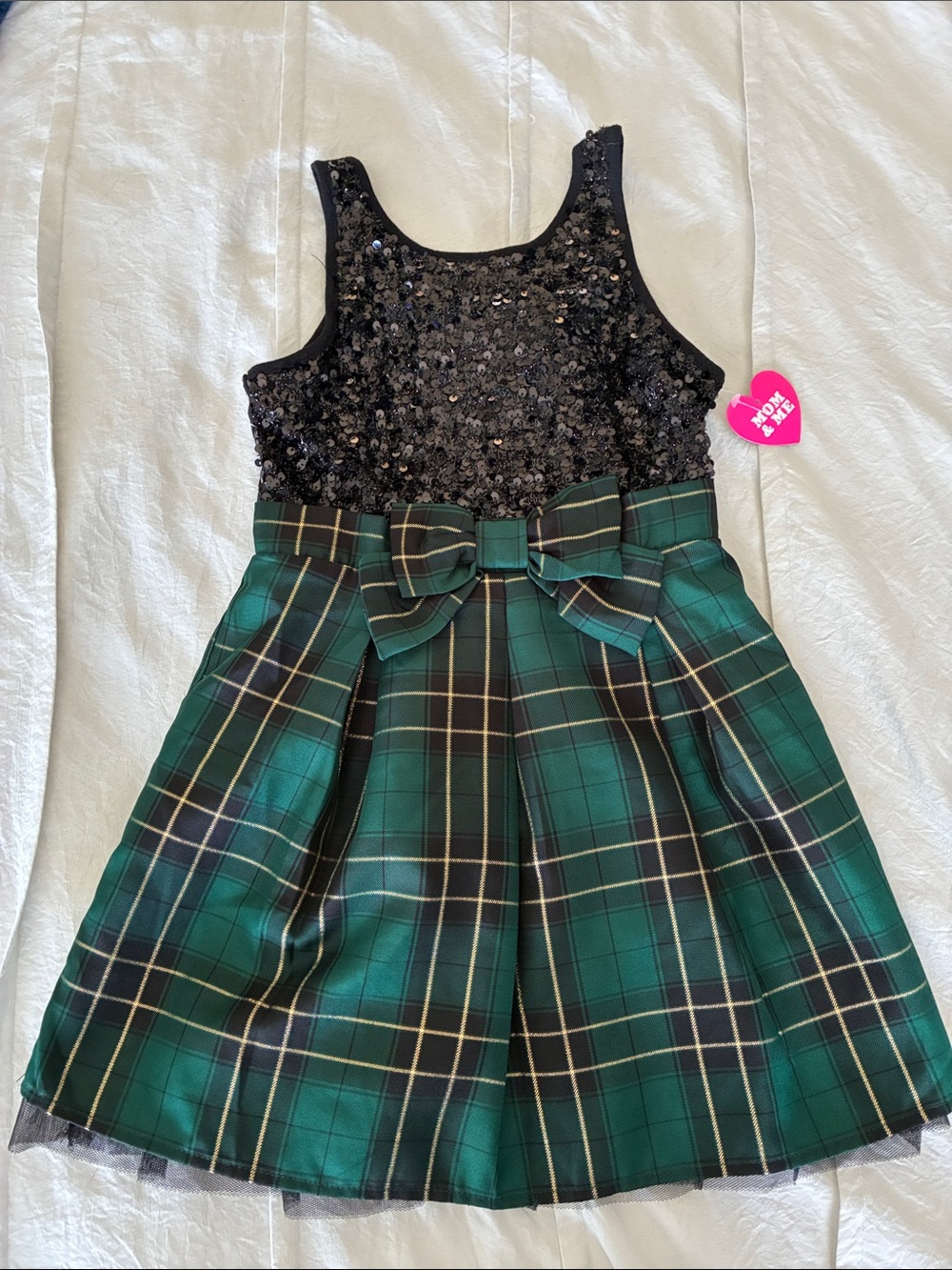 Place Black Sequin Top Green Plaid Bow Skirt